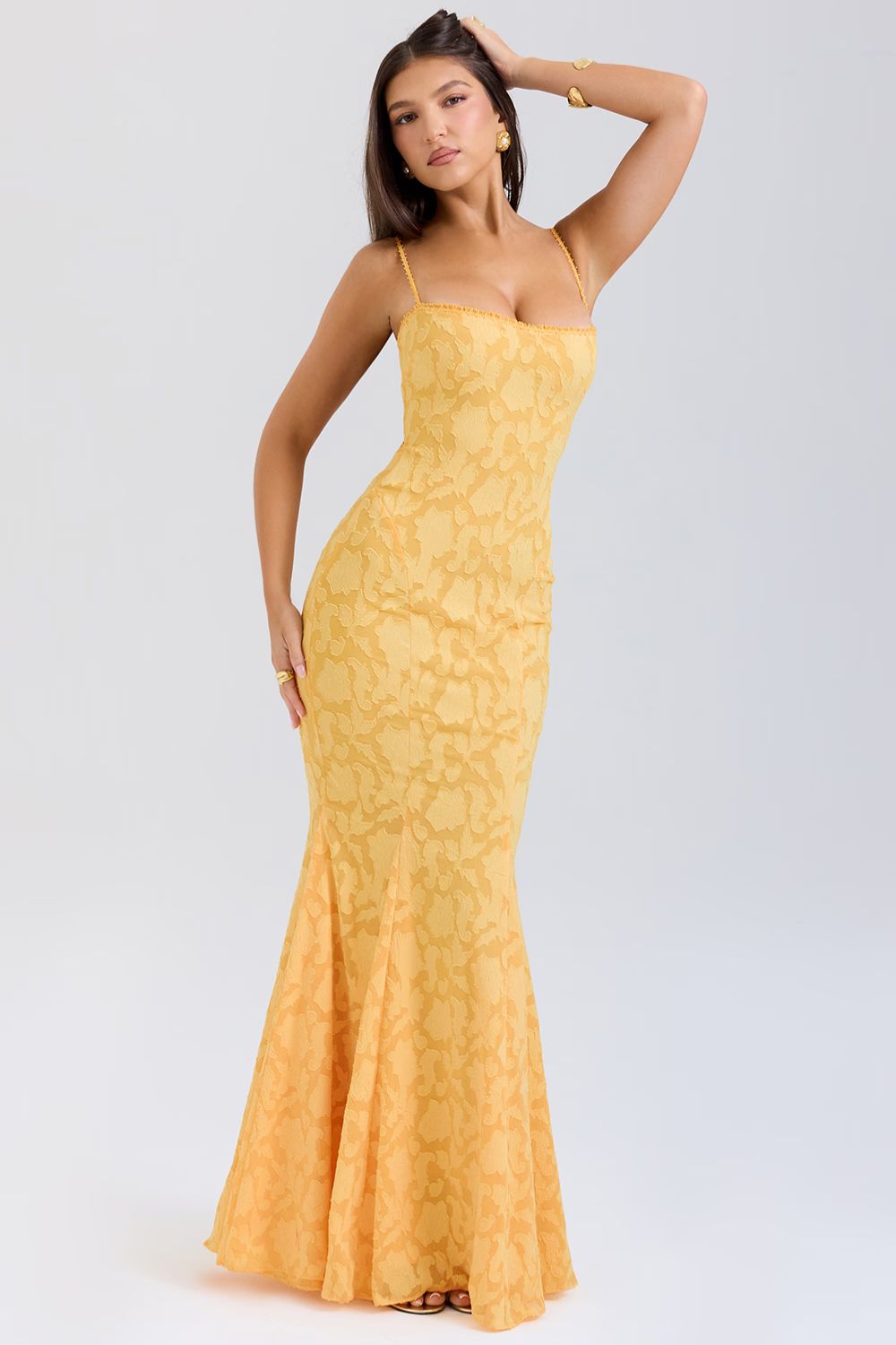 Yellow Lace Maxi Dress with Open Back and Satin Ties