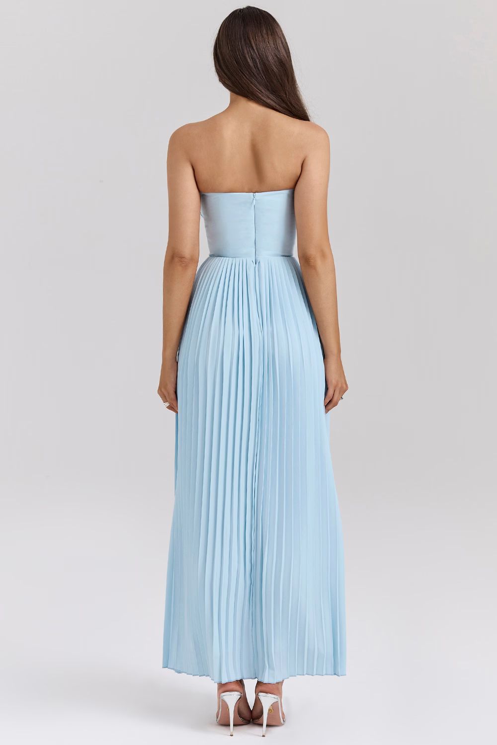 Blue Strapless Maxi Dress with Pleated Bodice