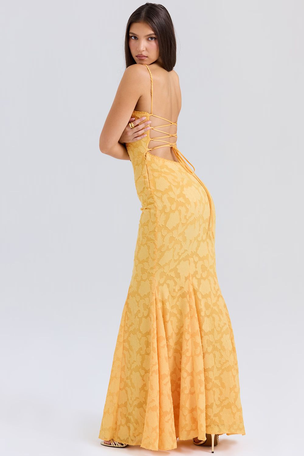 Yellow Lace Maxi Dress with Open Back and Satin Ties