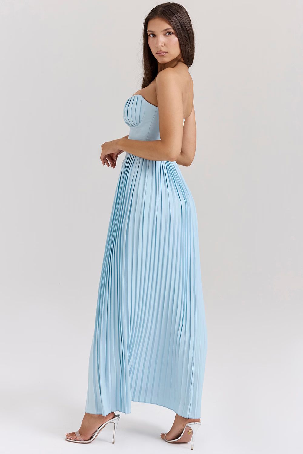 Blue Strapless Maxi Dress with Pleated Bodice