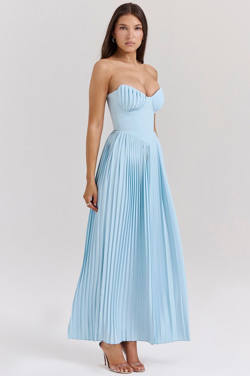 Blue Strapless Maxi Dress with Pleated Bodice
