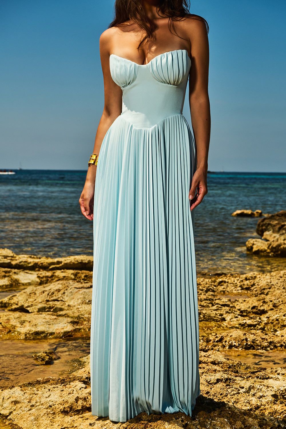 Blue Strapless Maxi Dress with Pleated Bodice