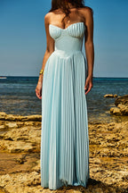 Blue Strapless Maxi Dress with Pleated Bodice