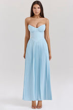Blue Strapless Maxi Dress with Pleated Bodice