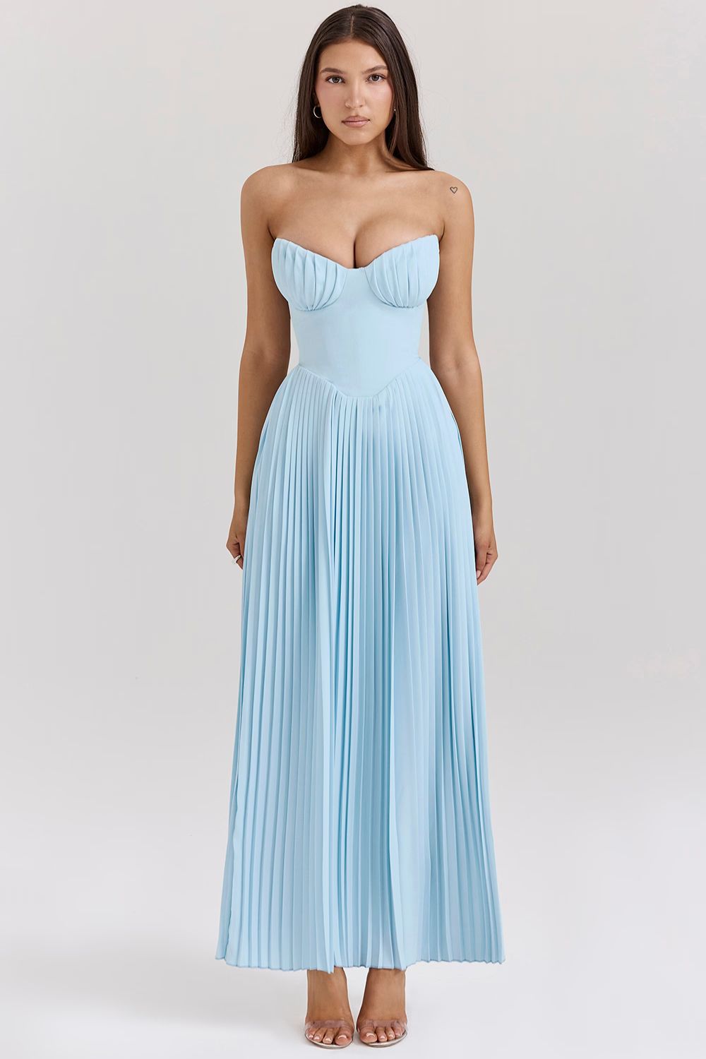 Blue Strapless Maxi Dress with Pleated Bodice