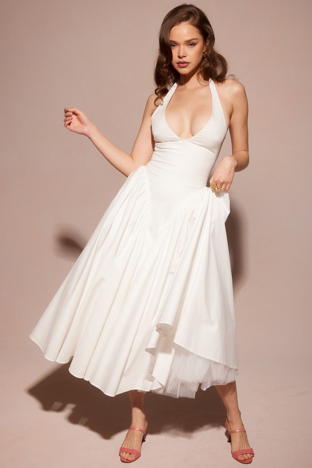 White Stretch Mesh Midi Dress with Draped Hip Panel
