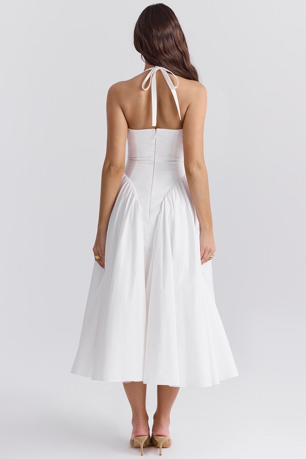 White Stretch Mesh Midi Dress with Draped Hip Panel