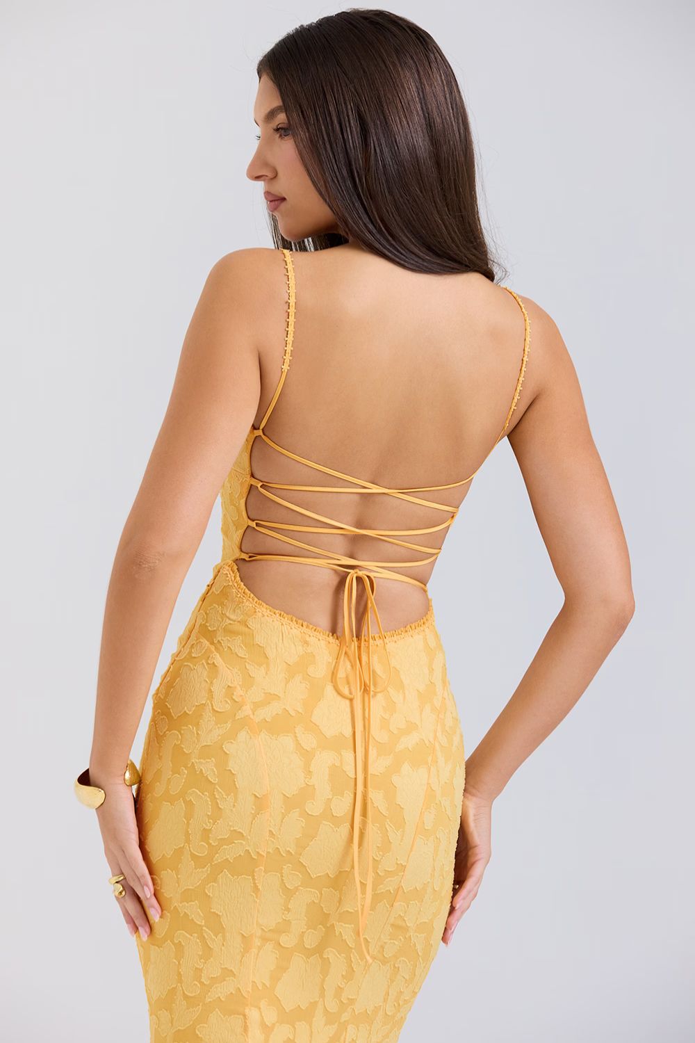 Yellow Lace Maxi Dress with Open Back and Satin Ties