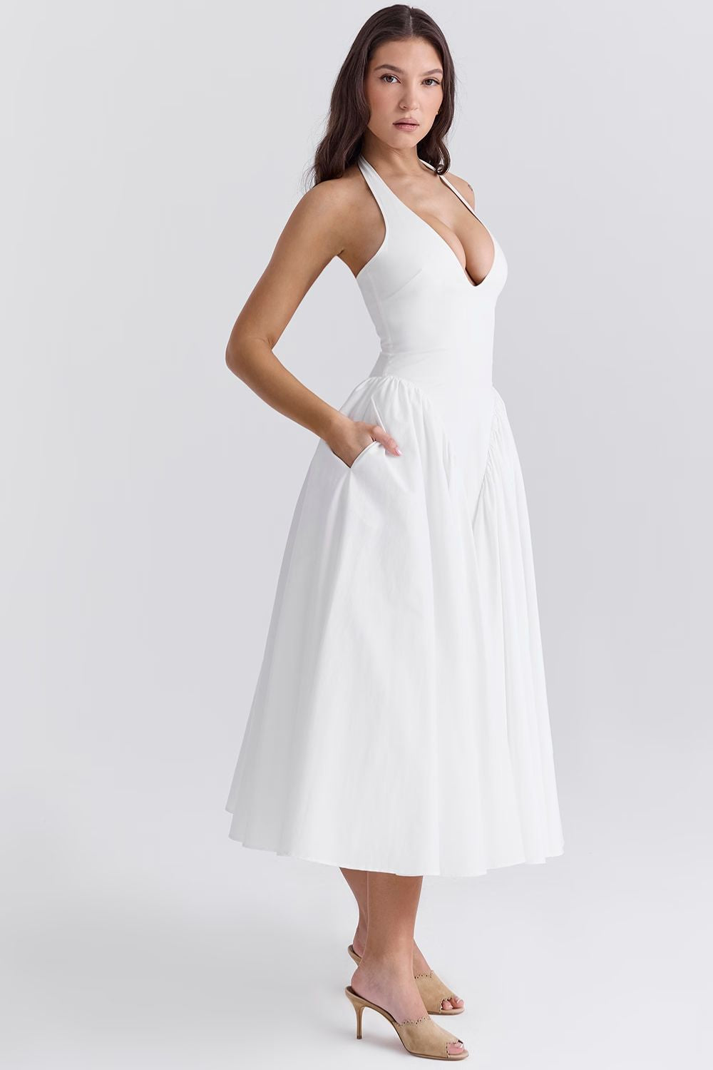 White Stretch Mesh Midi Dress with Draped Hip Panel