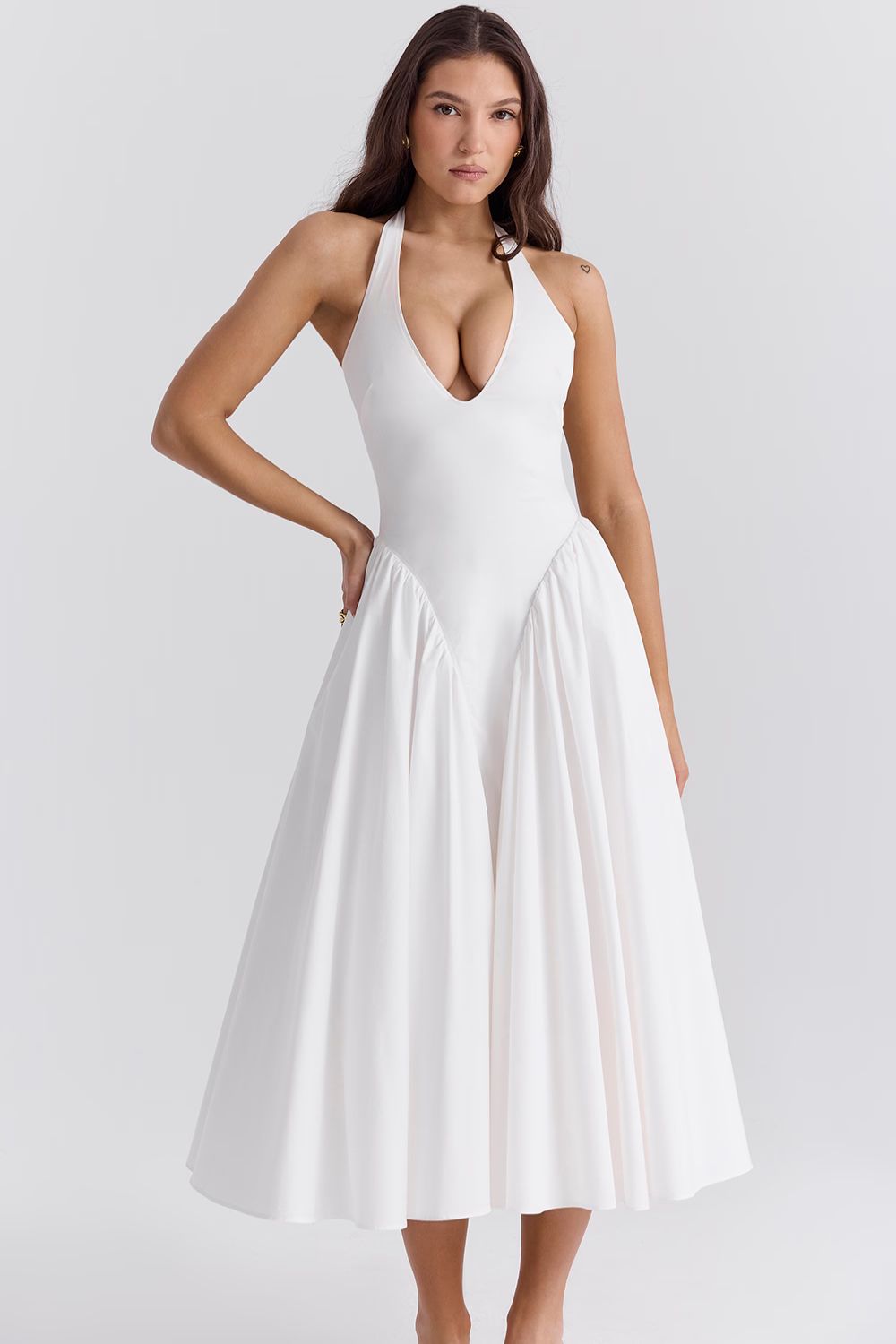 White Stretch Mesh Midi Dress with Draped Hip Panel