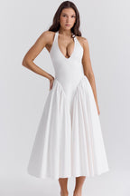 White Stretch Mesh Midi Dress with Draped Hip Panel