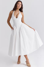 White Stretch Mesh Midi Dress with Draped Hip Panel