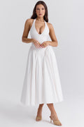 White Stretch Mesh Midi Dress with Draped Hip Panel