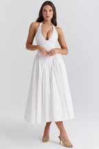 White Stretch Mesh Midi Dress with Draped Hip Panel