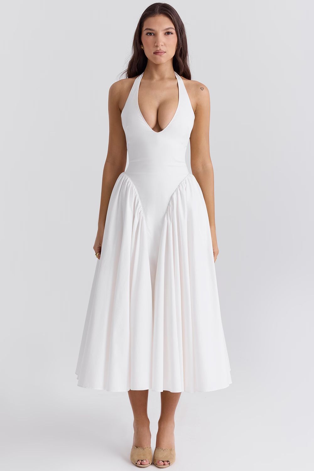 White Stretch Mesh Midi Dress with Draped Hip Panel