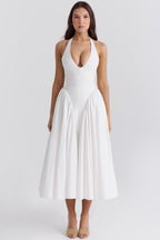 White Stretch Mesh Midi Dress with Draped Hip Panel
