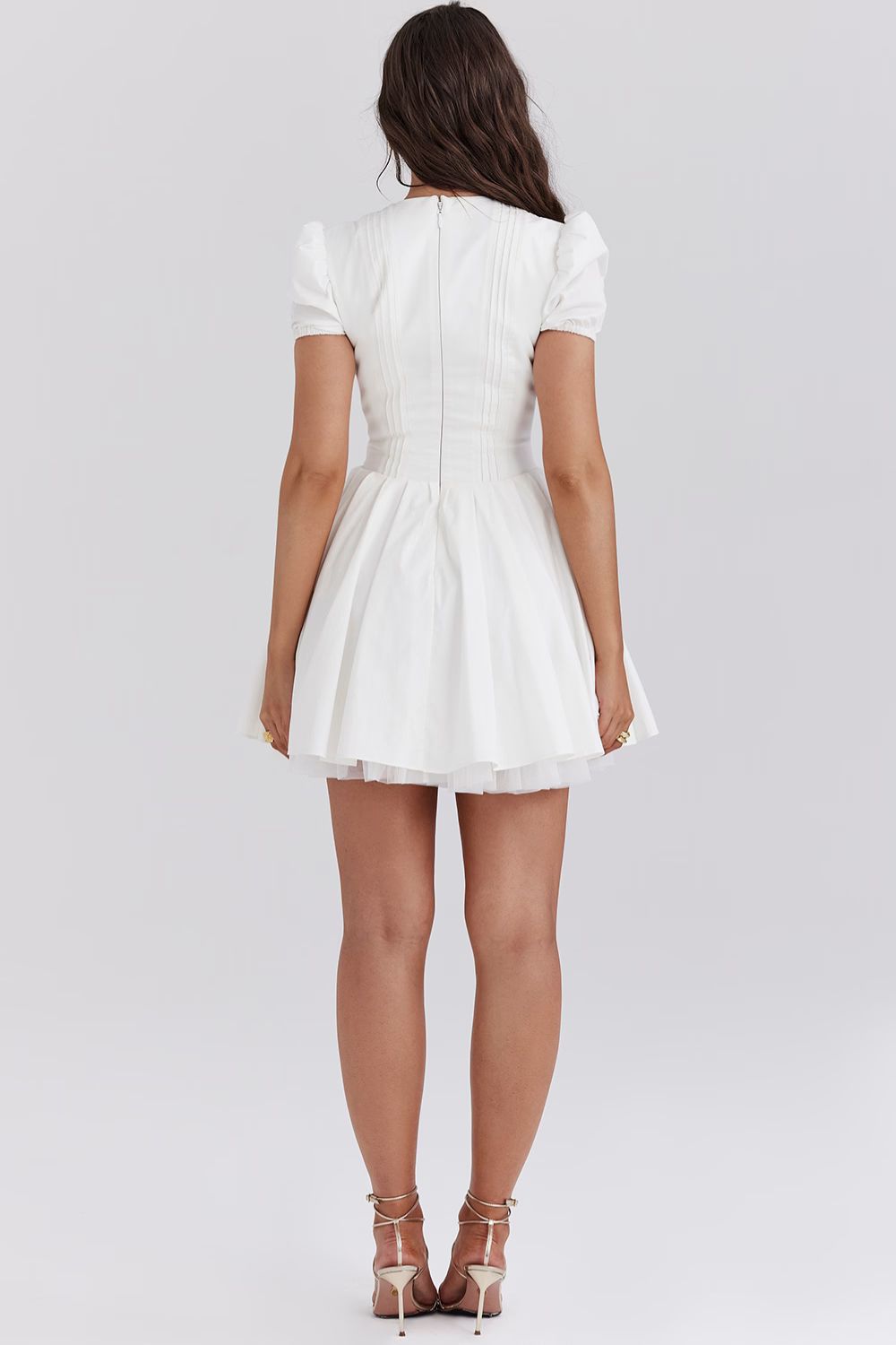 White Floral Mini Dress with Fitted Bodice and Tulle Skirt