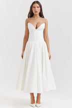 White Sculpted Maxi Dress with Voluminous Skirt
