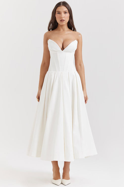 White Sculpted Maxi Dress with Voluminous Skirt