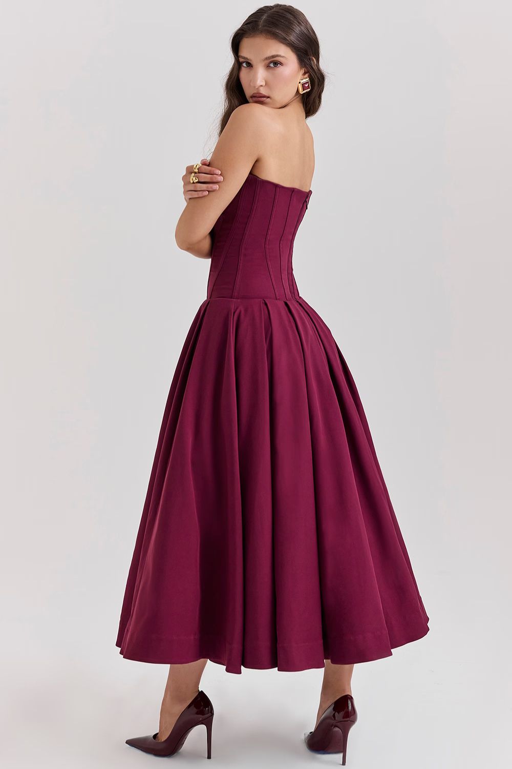 Red Sculpted Maxi Dress with Voluminous Skirt