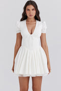 White Floral Mini Dress with Fitted Bodice and Tulle Skirt