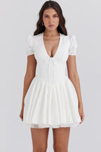 White Floral Mini Dress with Fitted Bodice and Tulle Skirt