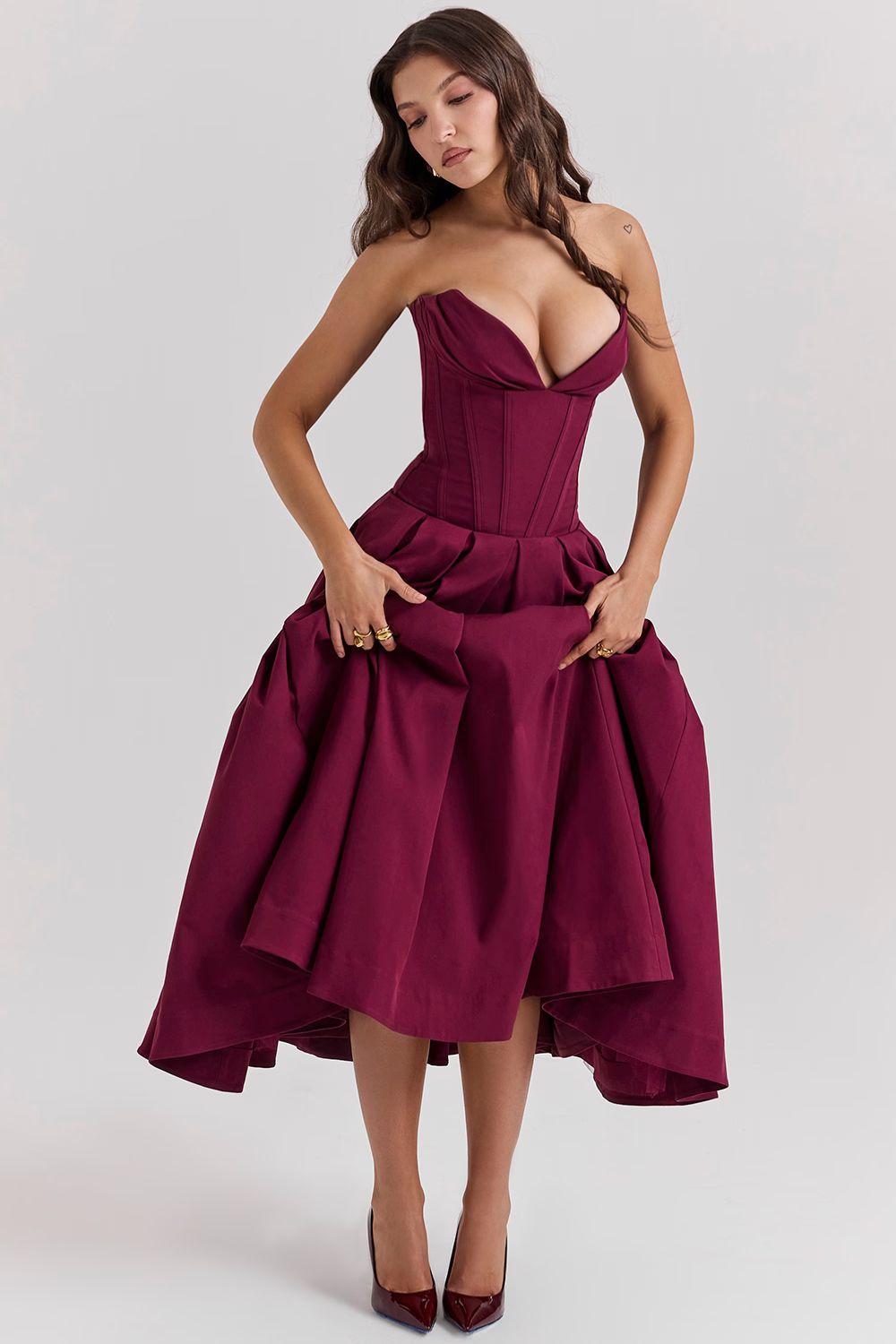 Red Sculpted Maxi Dress with Voluminous Skirt