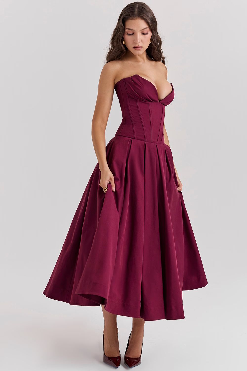 Red Sculpted Maxi Dress with Voluminous Skirt