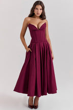 Red Sculpted Maxi Dress with Voluminous Skirt