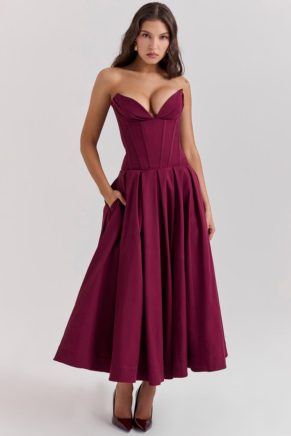 Red Sculpted Maxi Dress with Voluminous Skirt