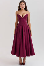 Red Sculpted Maxi Dress with Voluminous Skirt