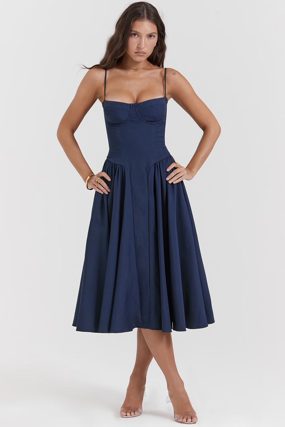 Navy Midi Dress with Sweetheart Neckline and Fitted Bodice