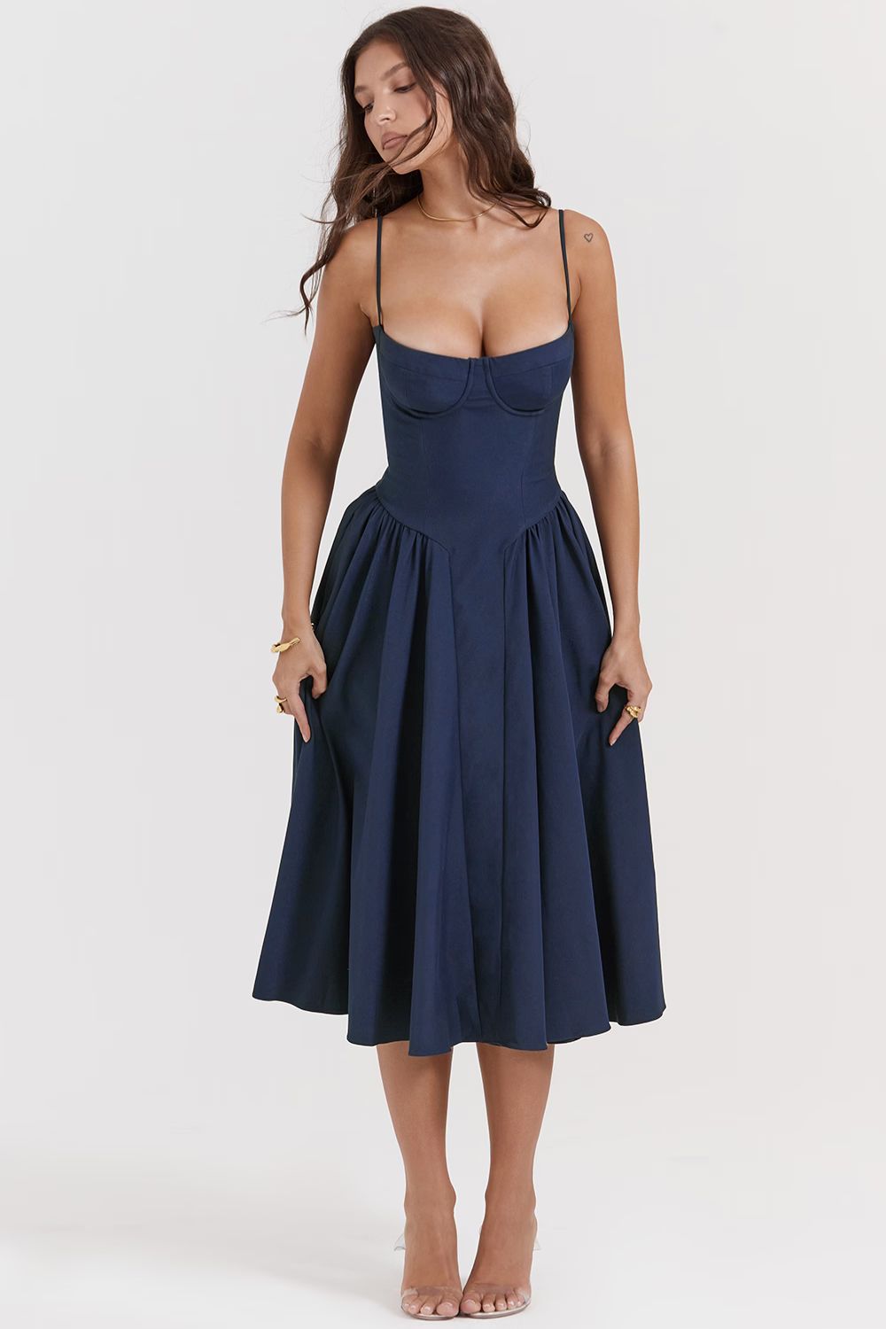 Navy Midi Dress with Sweetheart Neckline and Fitted Bodice