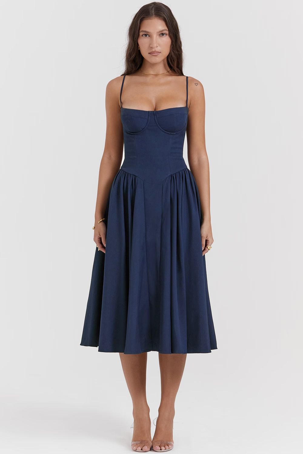 Navy Midi Dress with Sweetheart Neckline and Fitted Bodice
