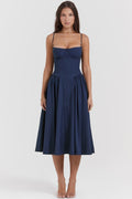 Navy Midi Dress with Sweetheart Neckline and Fitted Bodice