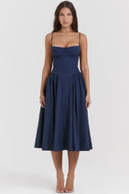 Navy Midi Dress with Sweetheart Neckline and Fitted Bodice