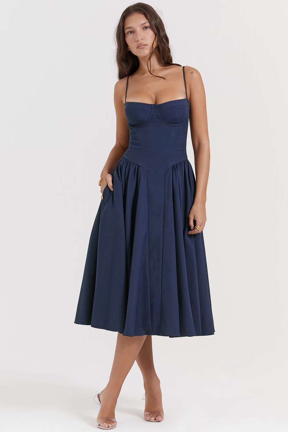 Navy Midi Dress with Sweetheart Neckline and Fitted Bodice