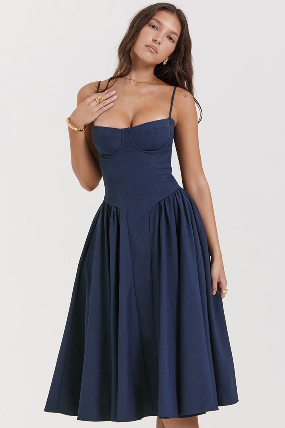 Navy Midi Dress with Sweetheart Neckline and Fitted Bodice