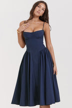 Navy Midi Dress with Sweetheart Neckline and Fitted Bodice