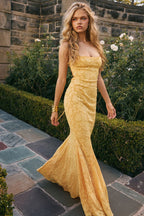 Yellow Lace Maxi Dress with Open Back and Satin Ties