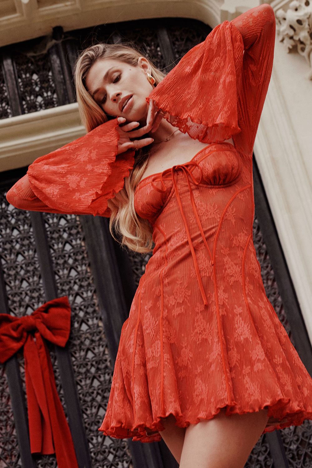 Red Mini Dress with Corset Bodice and Long Sleeves