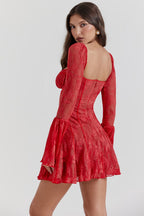 Red Mini Dress with Corset Bodice and Long Sleeves