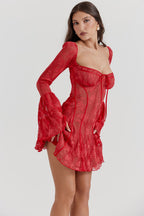 Red Mini Dress with Corset Bodice and Long Sleeves