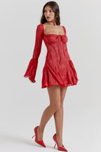 Red Mini Dress with Corset Bodice and Long Sleeves