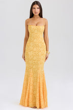 Yellow Lace Maxi Dress with Open Back and Satin Ties
