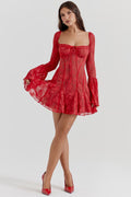 Red Mini Dress with Corset Bodice and Long Sleeves