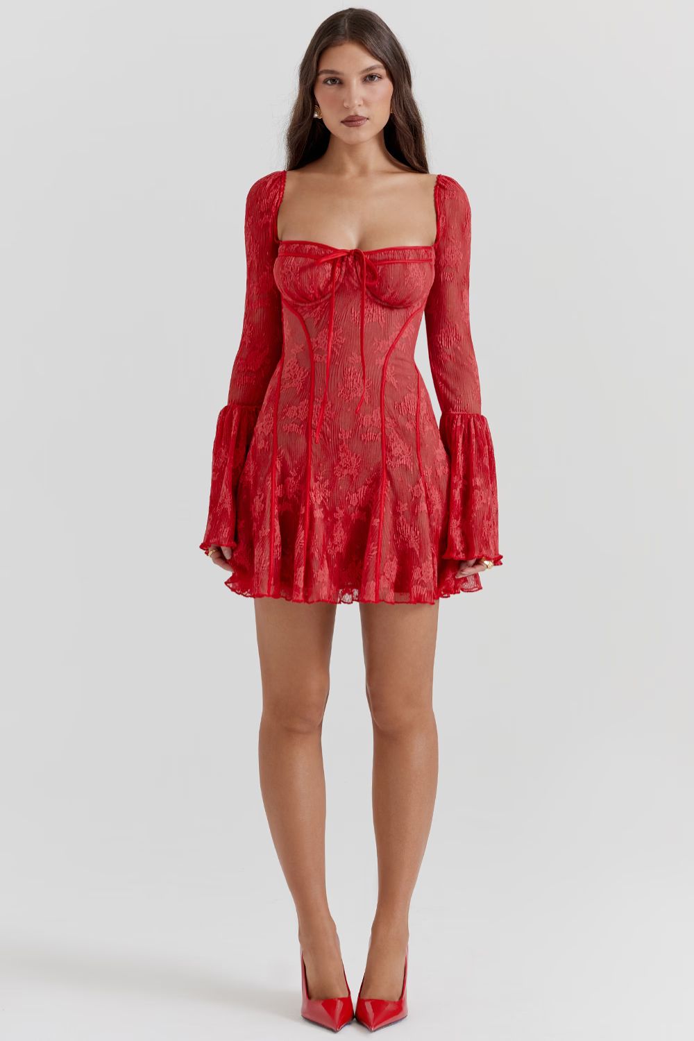 Red Mini Dress with Corset Bodice and Long Sleeves