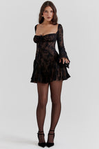Black Mini Dress with Corset Bodice and Long Sleeves