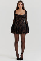 Black Mini Dress with Corset Bodice and Long Sleeves