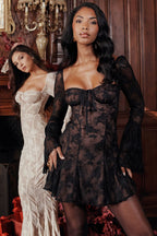Black Mini Dress with Corset Bodice and Long Sleeves